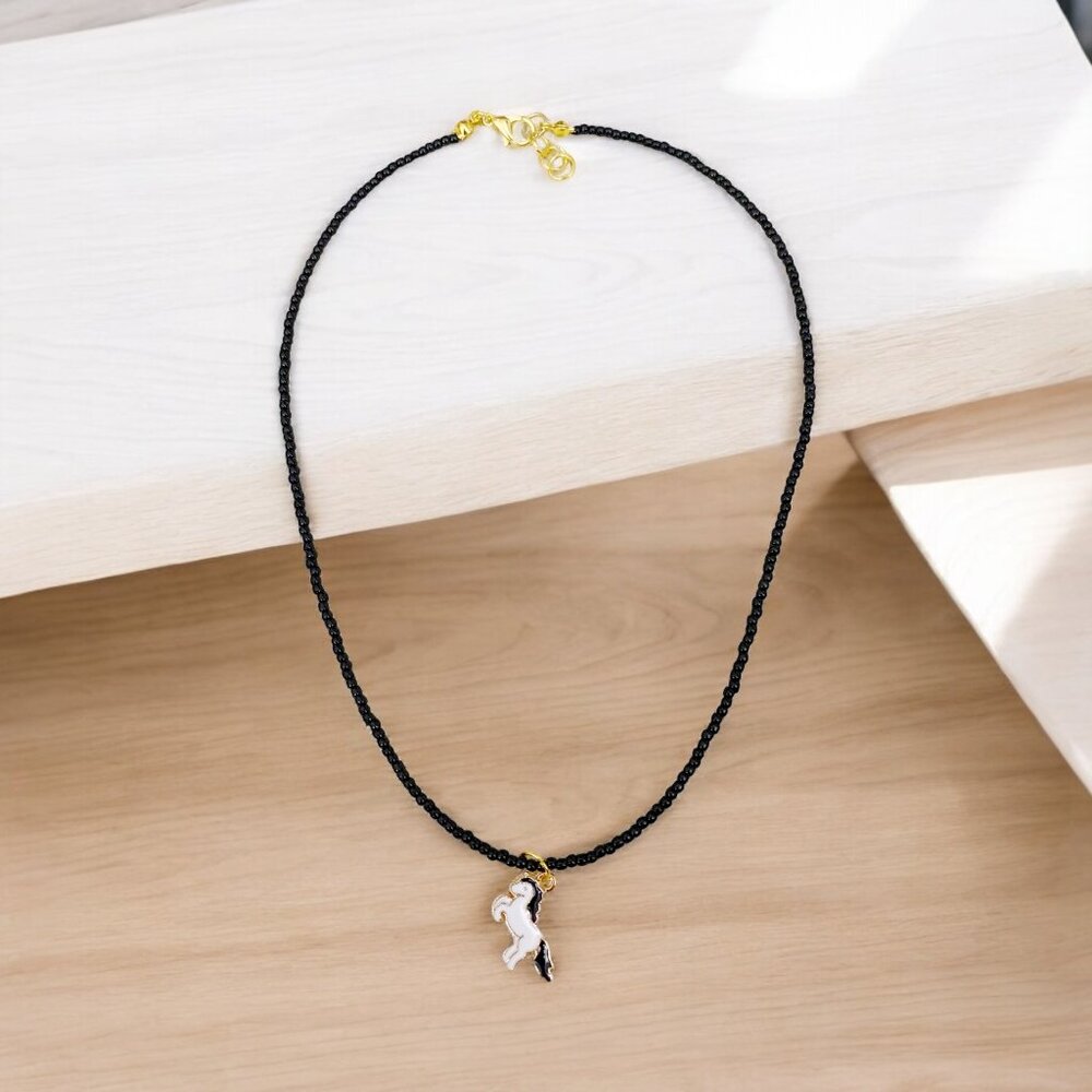 Handmade Black Seed Bead Dainty Unicorn Pendant Choker Necklace